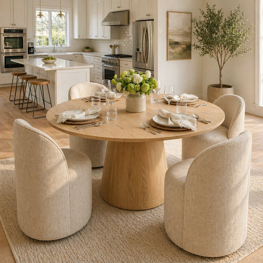 modern round dining table set with upholstered chairs