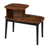 Modern teak wood end table with open shelf and black legs