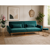 Luxury teal velvet sofa with teak wood frame in modern living room