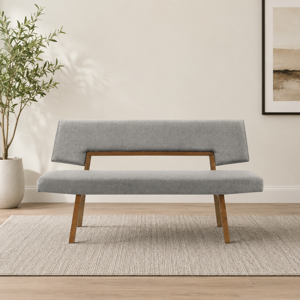 Modern teak wood upholstered bench sofa in grey fabric