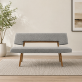 Modern teak wood upholstered bench sofa in grey fabric