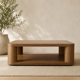 Modern teak wood coffee table with open shelf storage