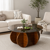 Modern round teak wood coffee table with smoked glass top
