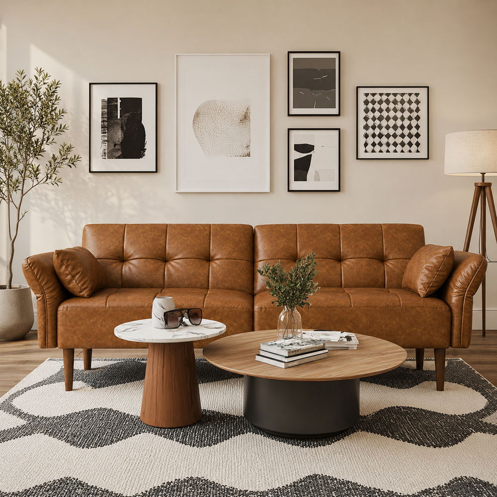 Modern brown leather teak wood sofa in luxury living room