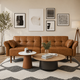 Modern brown leather teak wood sofa in luxury living room