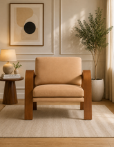 Modern teak wood lounge chair with beige upholstery