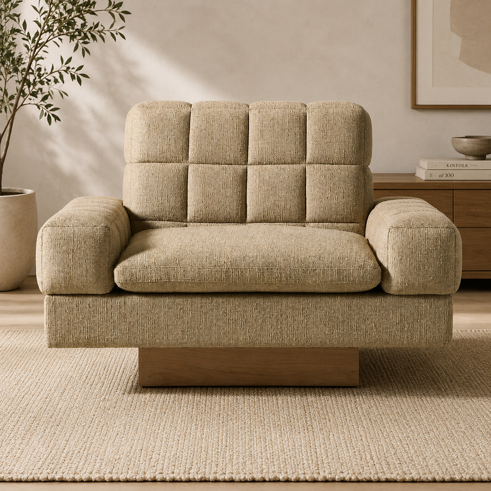 Modern teak wood lounge chair with beige upholstery