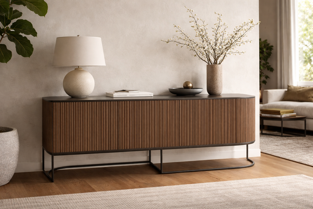 modern ribbed teak wood sideboard cabinet