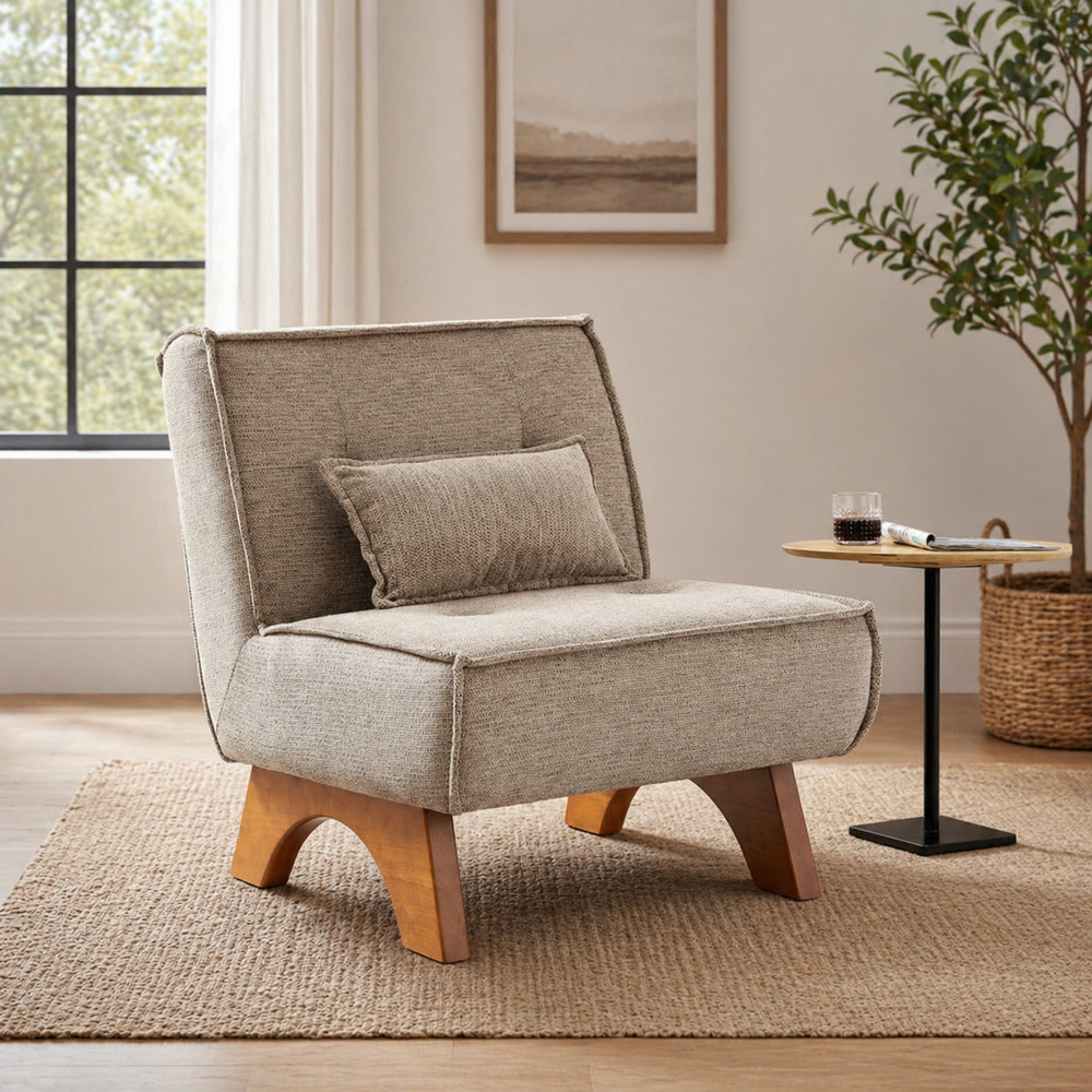 teak wood accent lounge chair with beige upholstery