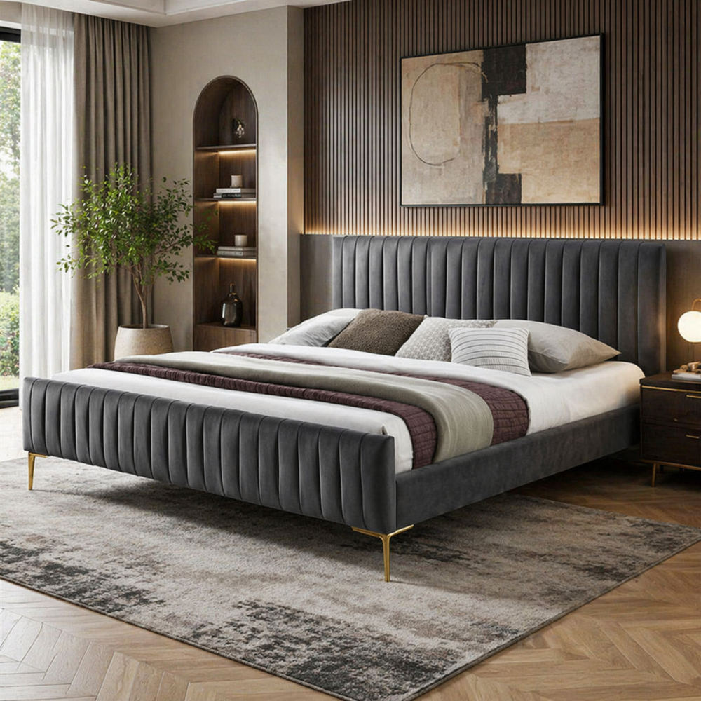 modern upholstered bed solid teak wood frame