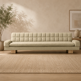 Modern beige teak wood upholstered sofa with tufted backrest