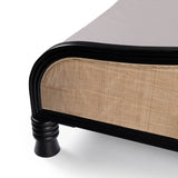 Contemporary black teak wood cane bed with curved headboard and footboard