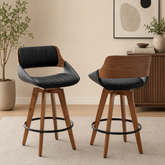 Modern teak wood bar stool with black cushioned seat