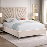 modern upholstered bed with sunburst headboard