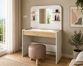 modern vanity table with mirror and shelves