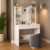 modern white vanity desk with storage shelves