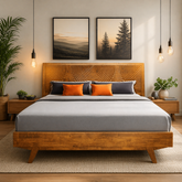 Modern wooden platform bed with carved headboard