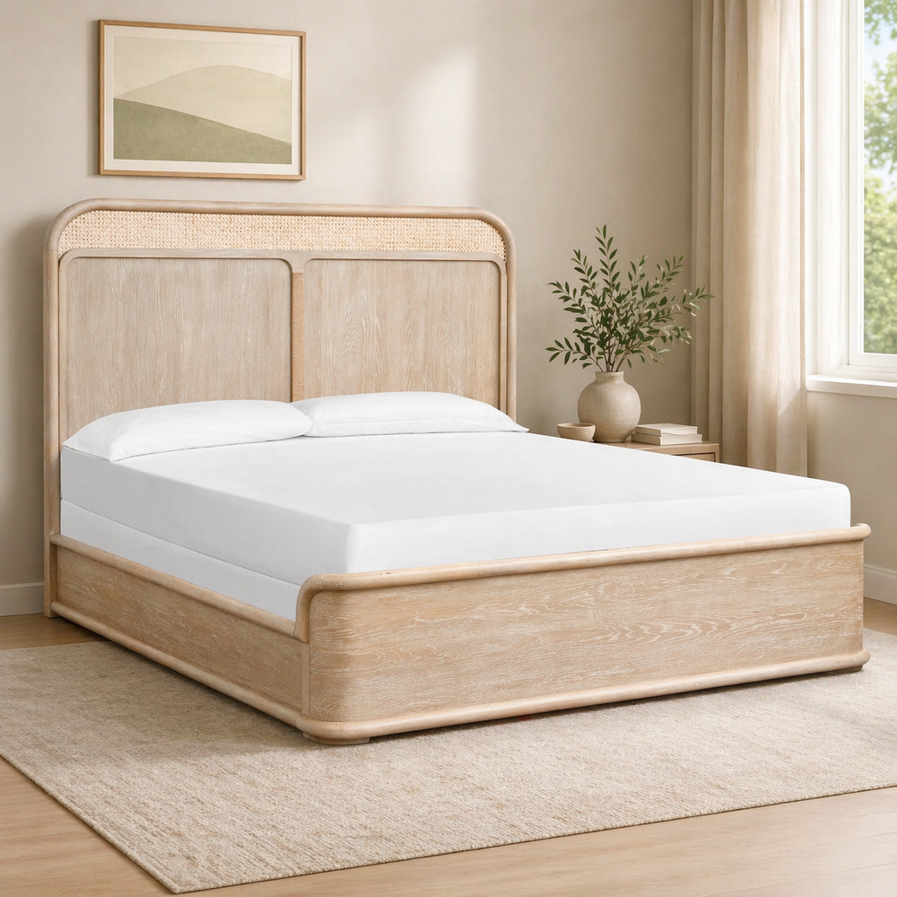 modern light wood platform bed with upholstered headboard