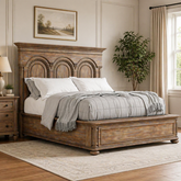 Rustic wooden bed frame with carved headboard