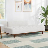 White upholstered teak wood designer sofa by Sky Rise Decor