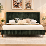 olive green upholstered bed with teak wood frame