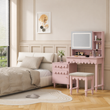 Pink teak wood dressing table with LED mirror and storage drawers
