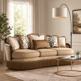 Luxury teak wood sofa with premium beige cushions for living room