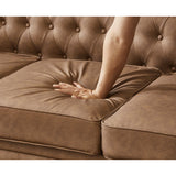 Classic tufted teak wood sofa with rolled arms and nailhead trim