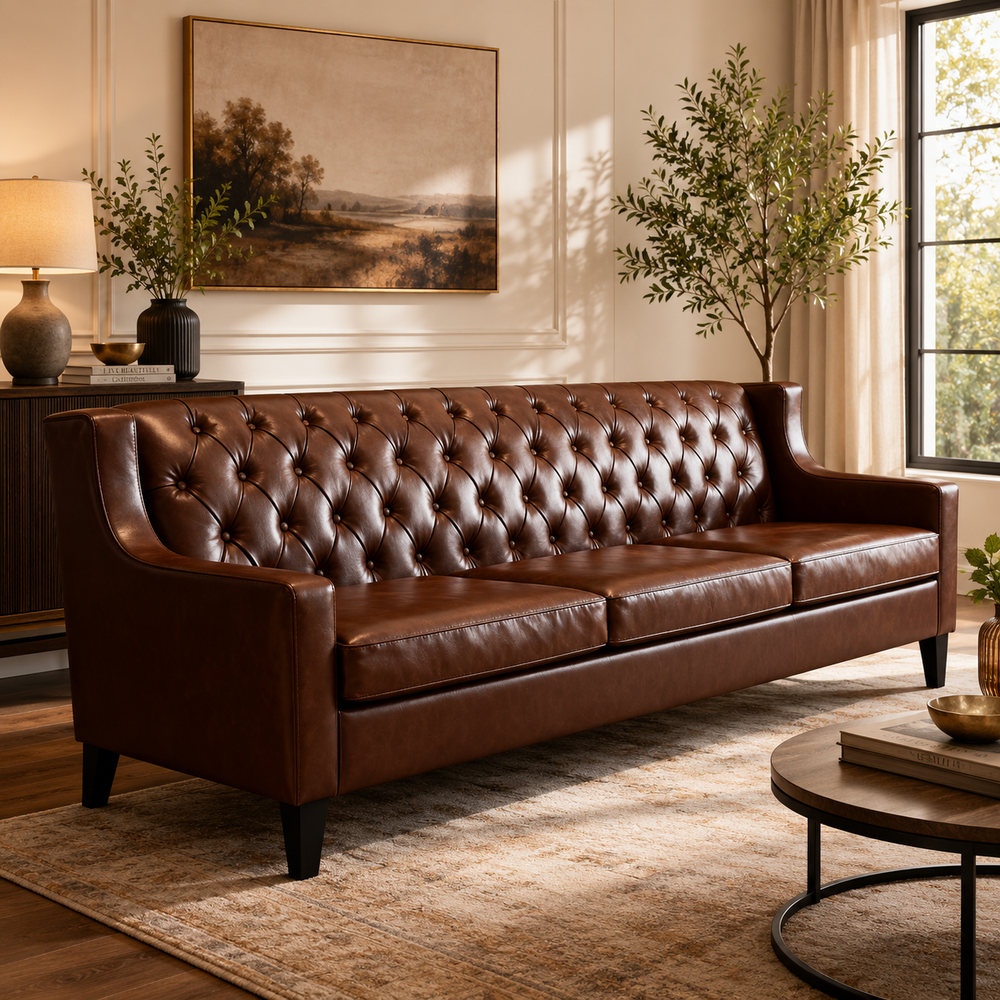 Premium brown Chesterfield sofa with solid teak wood frame