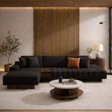 Modern L-Shaped Sectional Sofa with Integrated Wood Console | Premium Fabric Living Room Seating