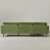 Modern teak wood green velvet sofa with right chaise lounge