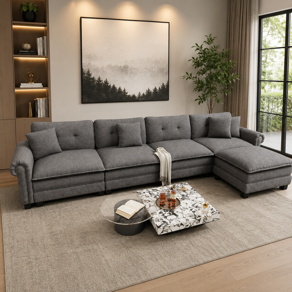 Luxury teak wood L-shaped sectional sofa in modern living room