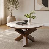 Modern round teak wood coffee table with marble top