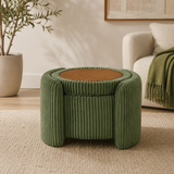 Sage green upholstered teak wood storage ottoman coffee table