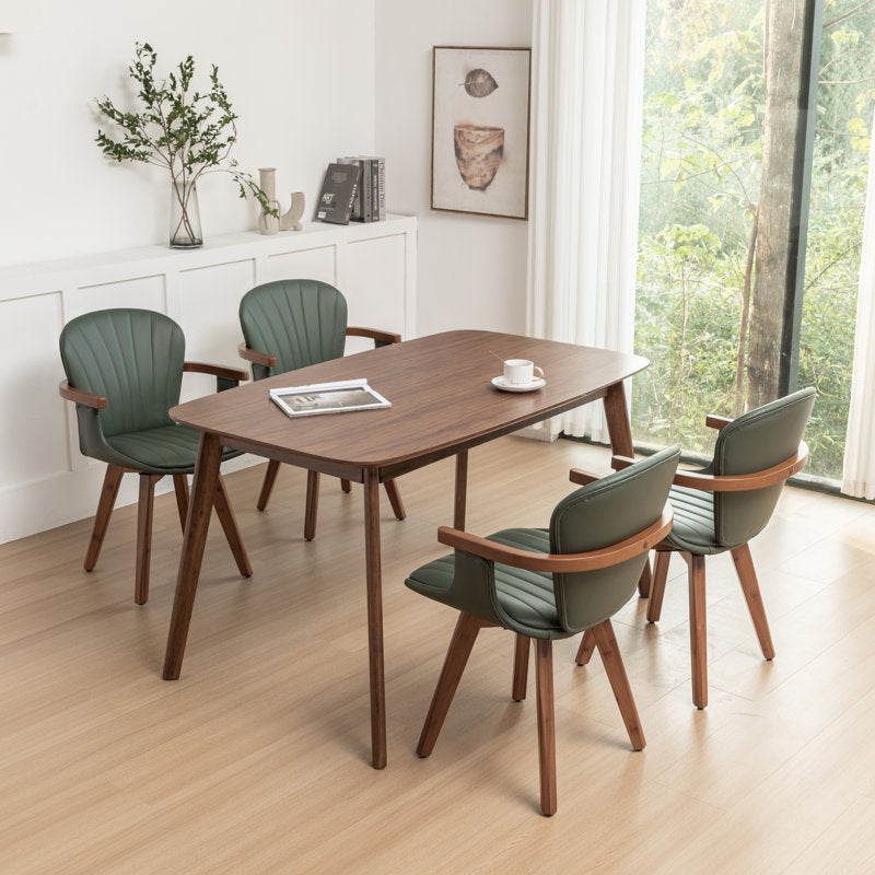 Modern teak wood 4 seater dining table set with green chairs
