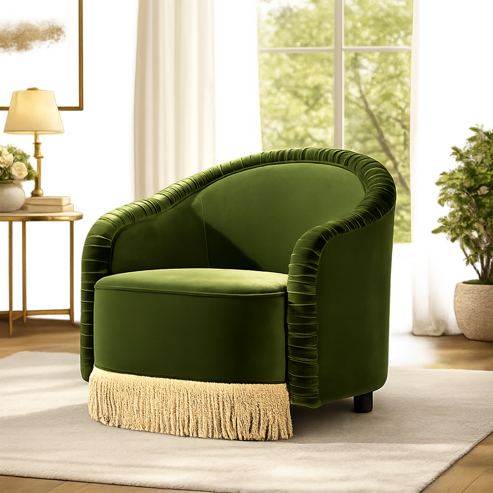 Luxury olive green velvet accent chair with solid teak wood frame