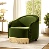 Luxury olive green velvet accent chair with solid teak wood frame