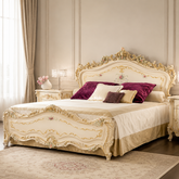 Luxury teak wood royal bed with antique cream finish