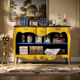 French style teak wood console cabinet with decorative storage shelf