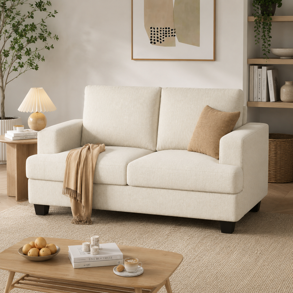 Modern teak wood 2 seater fabric sofa