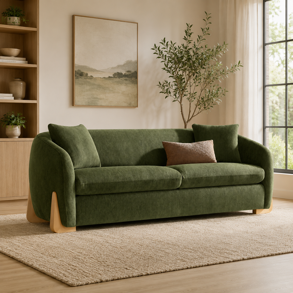 Modern green velvet sofa with solid teak wood base