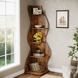 Modern teak wood corner display shelf with open storage