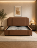 Modern brown upholstered teak wood bed with curved headboard