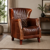 Luxury solid teak wood reading chair with genuine leather upholstery