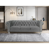 Modern classic Chesterfield sofa with diamond tufting and teak wood base