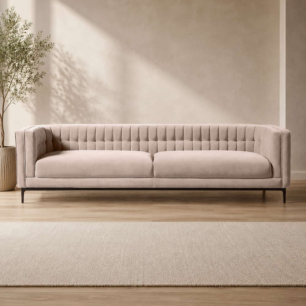 Luxury beige tufted teak wood sofa for modern living room