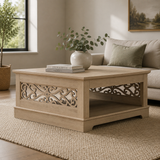 Teak wood designer coffee table with decorative CNC side panels