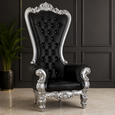 Royal black tufted throne chair with silver teak wood carving