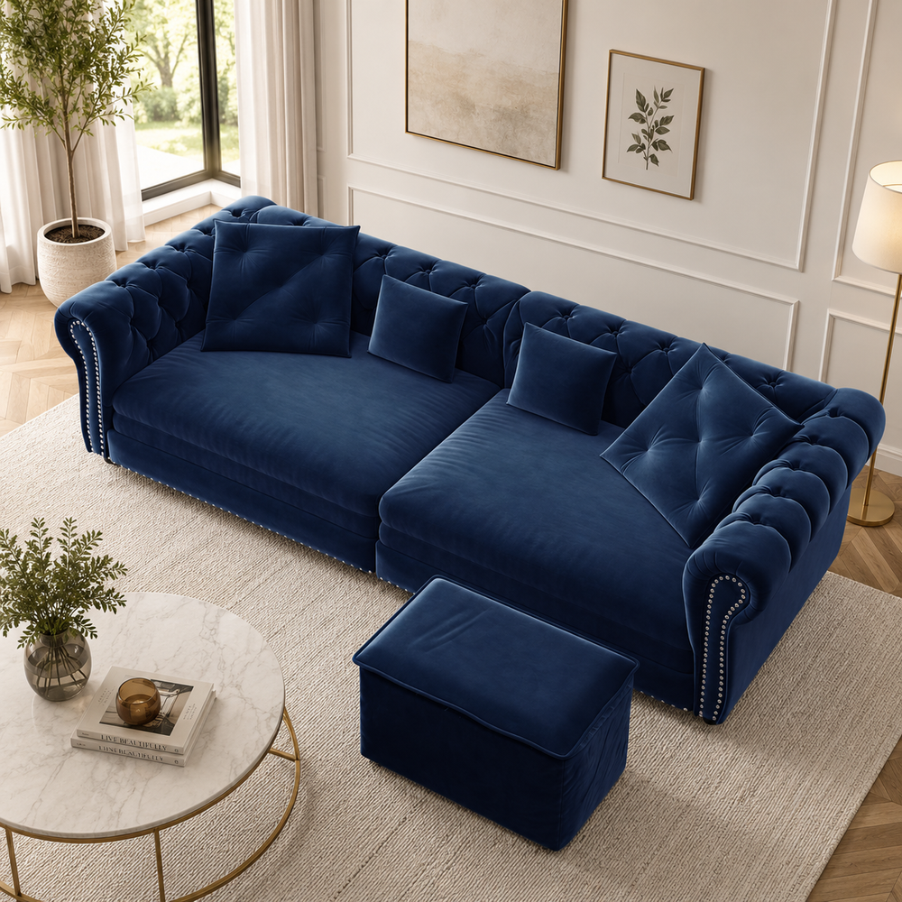 Royal blue Chesterfield velvet sofa with ottoman and teak wood frame