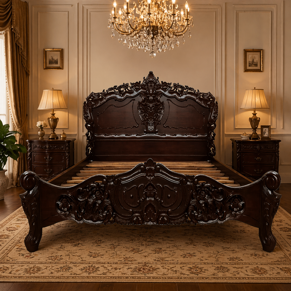 Handcrafted royal carved wooden bed frame dark walnut finish